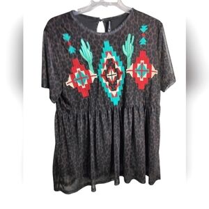3094)Crazy Train Colorful Embroidery Aztec Animal Print Lined Gauze Dress XL